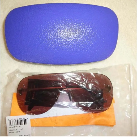 $370 Emilio Pucci Shield Sunglasses Silver Frame Red Lens Temple Logos Designer